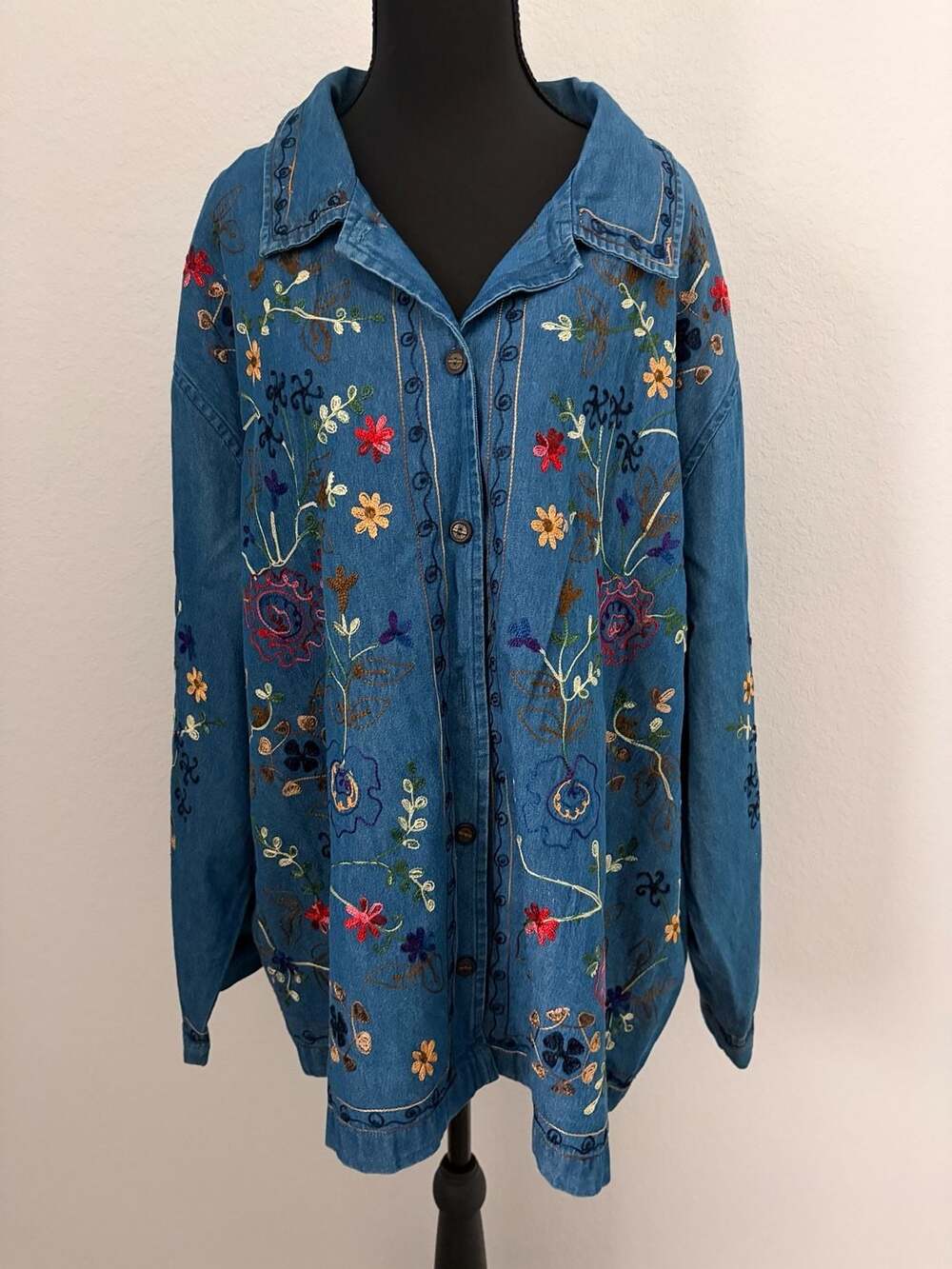 Vintage Floral Embroidered Denim Shirt Jacket
